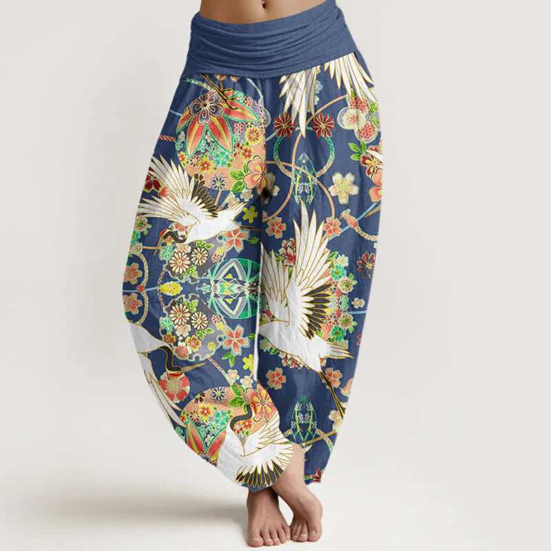 Buddha Stones Cotton Casual Crane Floral Geometric Pattern Elastic Waist Women's Harem Pants