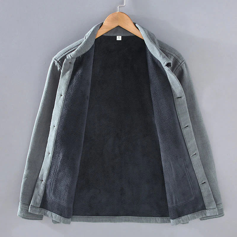 Buddha Stones Men's Plain Long Sleeve Thermal Fleece-Lined Ramie Linen Cotton Jacket With Pockets