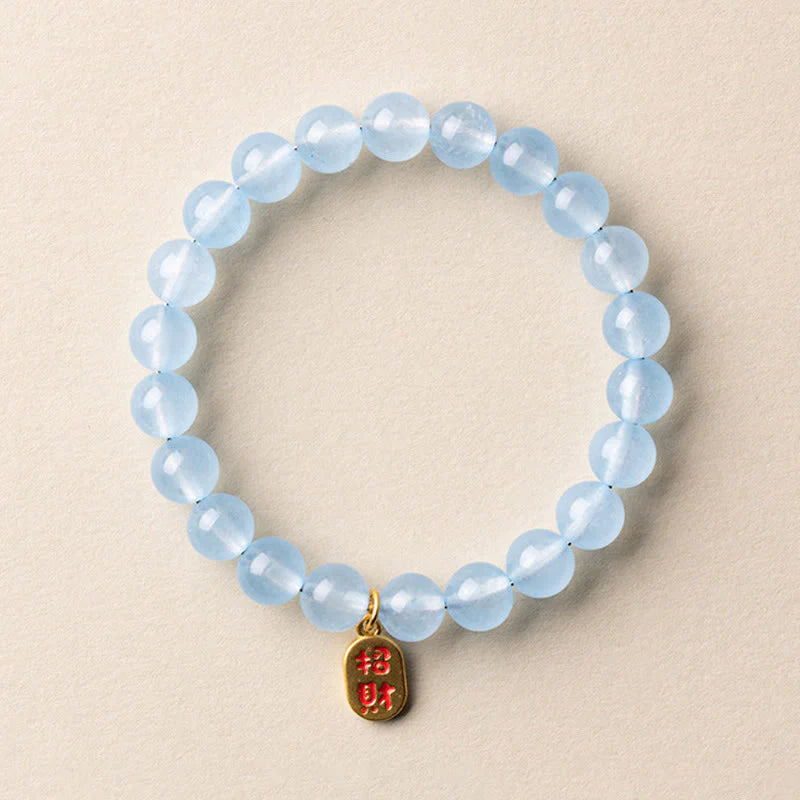 Buddha Stones Natural Aquamarine Fu Character Lucky Fortune Healing Bracelet