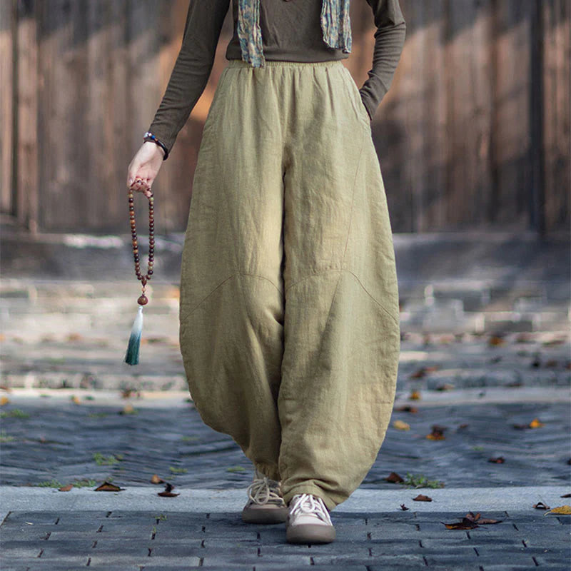Buddha Stones Winter Elastic Waist Ramie Cotton Thermal Women's Pants With Pockets