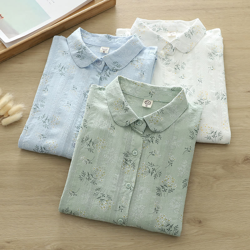Buddha Stones Fall White Yellow Flowers Green Leaves Buttons Women's Cotton Long Sleeve Shirt