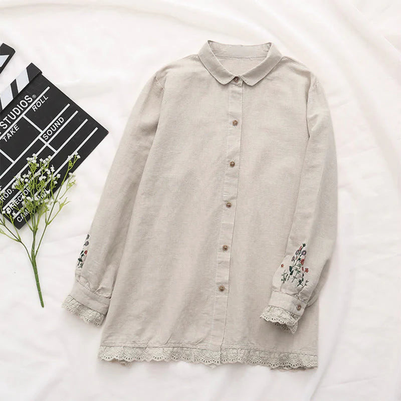 Buddha Stones Fall Beige Floral Grass Embroidery Buttons Women's Cotton Long Sleeve Shirt