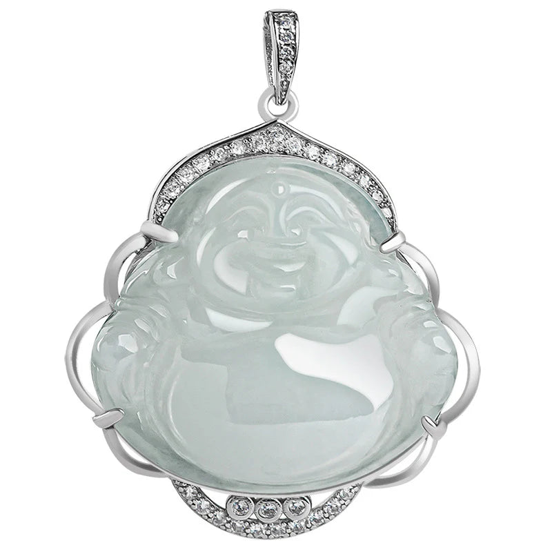 Buddha Stones Laughing Buddha Natural Jade Abundance Titanium Steel Chain Necklace Pendant