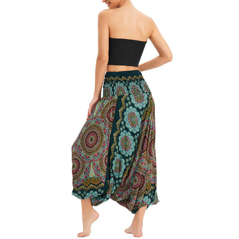Buddha Stones Two Style Wear Mandala Flower Pattern Loose Smocked Harem Trousers Jumpsuit High Waist Pants