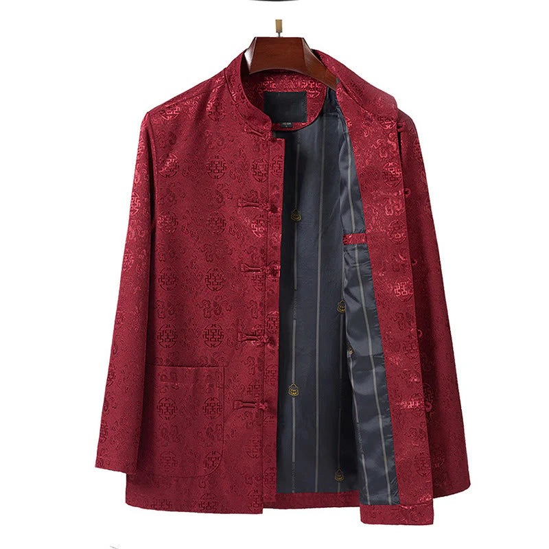 Buddha Stones Embroidery Pattern Stand Collar Long Sleeve Men's Tang Suit Jacket With Pockets