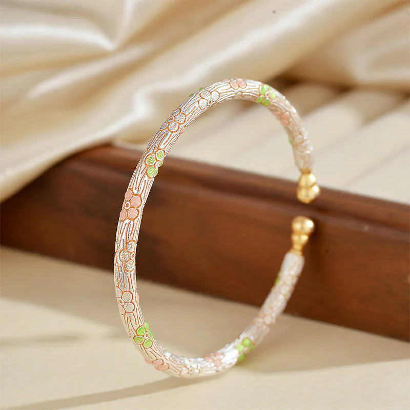 Buddha Stones Copper Handmade Enamel Flower Open Luck Bracelet Bangle
