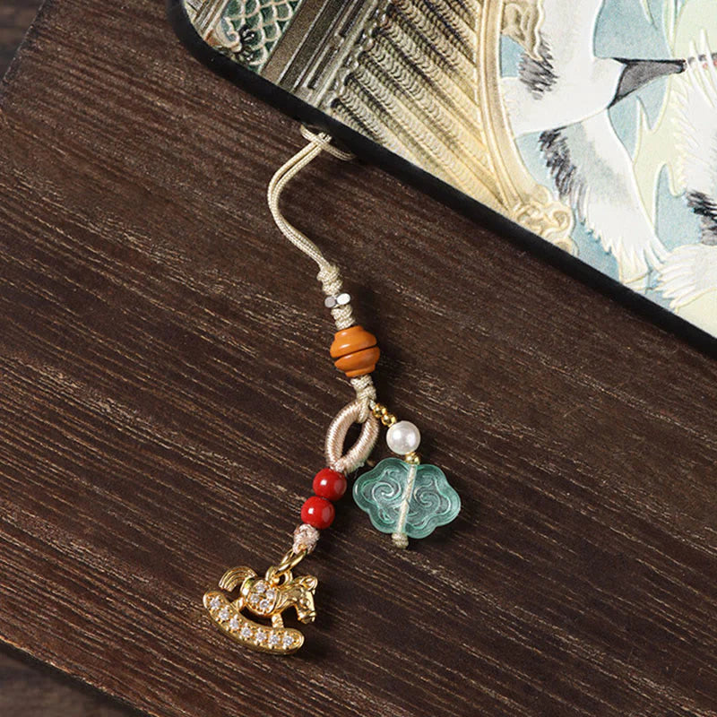 Buddha Stones Year of the Horse Copper Cinnabar Blue Chalcedony Red Agate Liuli Luck Phone Hanging Decoration