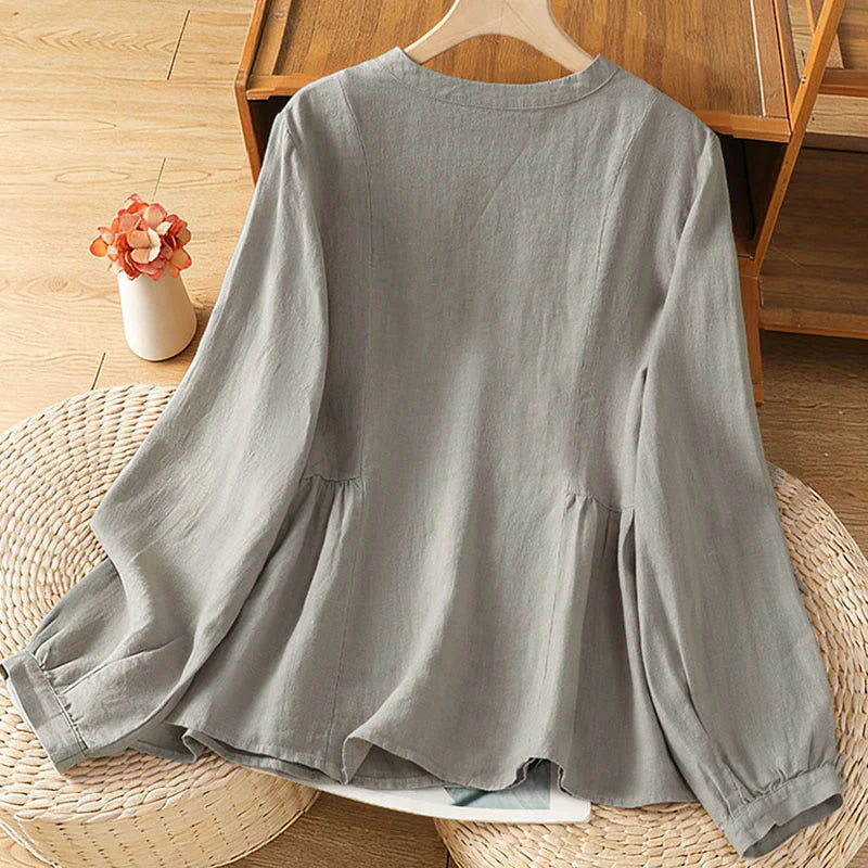 Buddha Stones Fall Commute Patchwork Plain Design Long Sleeve Women's Cotton Buttons Shirt
