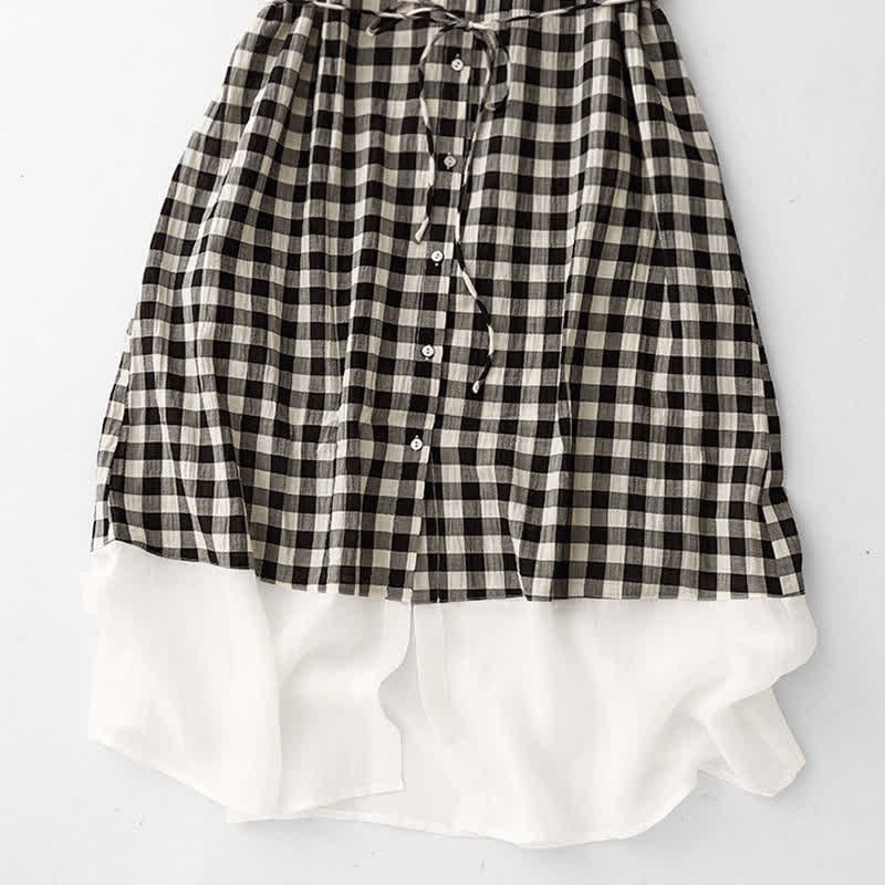 Buddha Stones Spring Gingham Knee Length Women's Short Sleeve Dress With Tie Waist Chiffon Hem