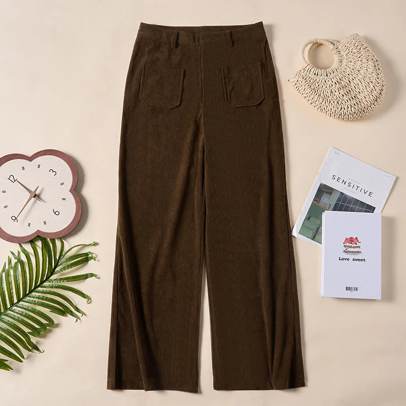 Buddha Stones Plain Corduroy Polyester Women's Buttons Wide Leg Pants With Pockets