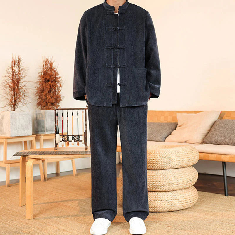 Buddha Stones 2Pcs Winter Thick Men's Tang Suit Frog-Button Cotton Corduroy Long Sleeve Jacket Pants Set With Pockets