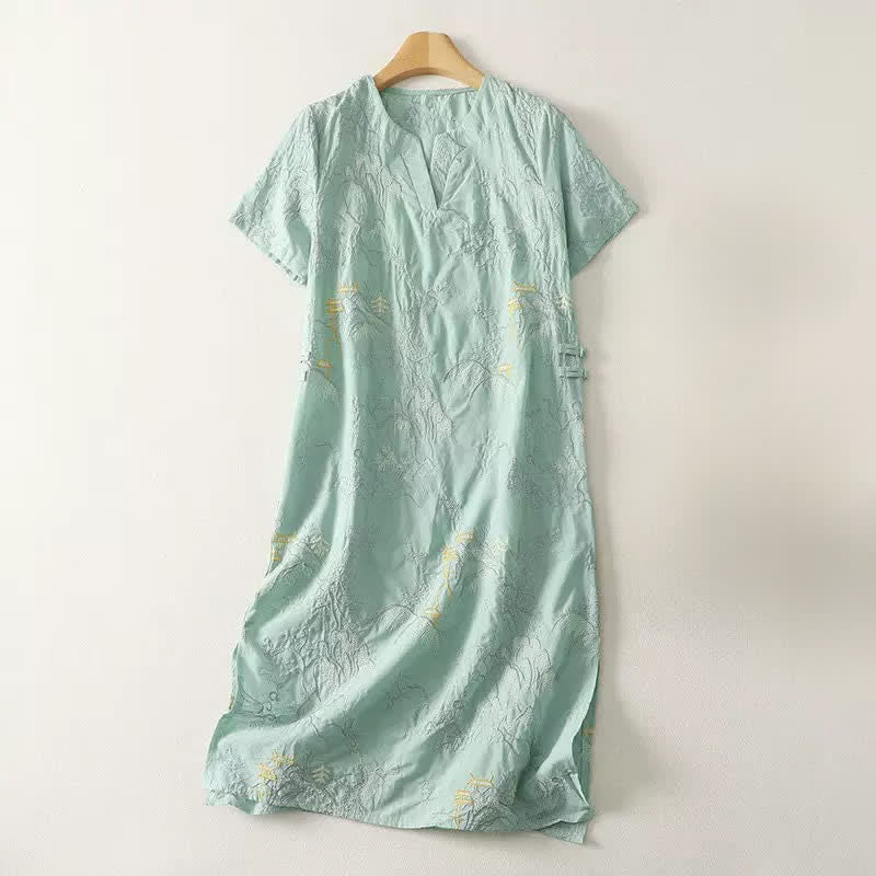 Buddha Stones Summer V-Neck Floral Design Short Sleeve Cotton Midi Dress With Pockets