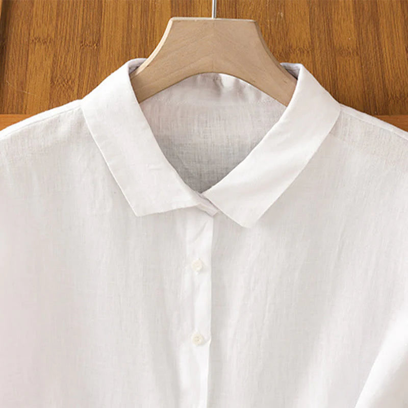 Buddha Stones Summer Plain Color Button Short Sleeve Women's Cotton Shirt