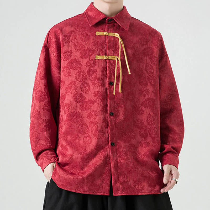 Buddha Stones Frog-Button Leaves Pattern Long Sleeve Men's Tang Suit Jacket