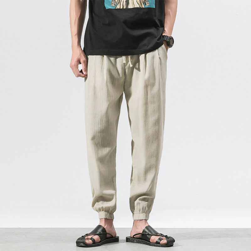 Buddha Stones Simple Drawstring Design Linen Men's Pants With Pockets