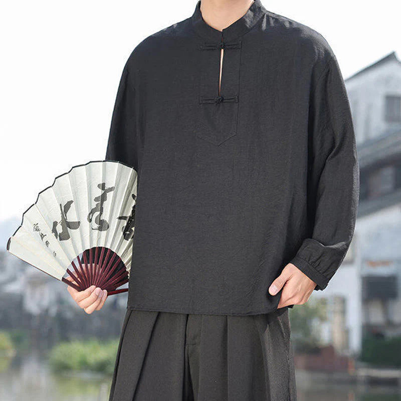 Buddha Stones Two Frog-Button Stand Collar Long Sleeve Men's Cotton Shirt