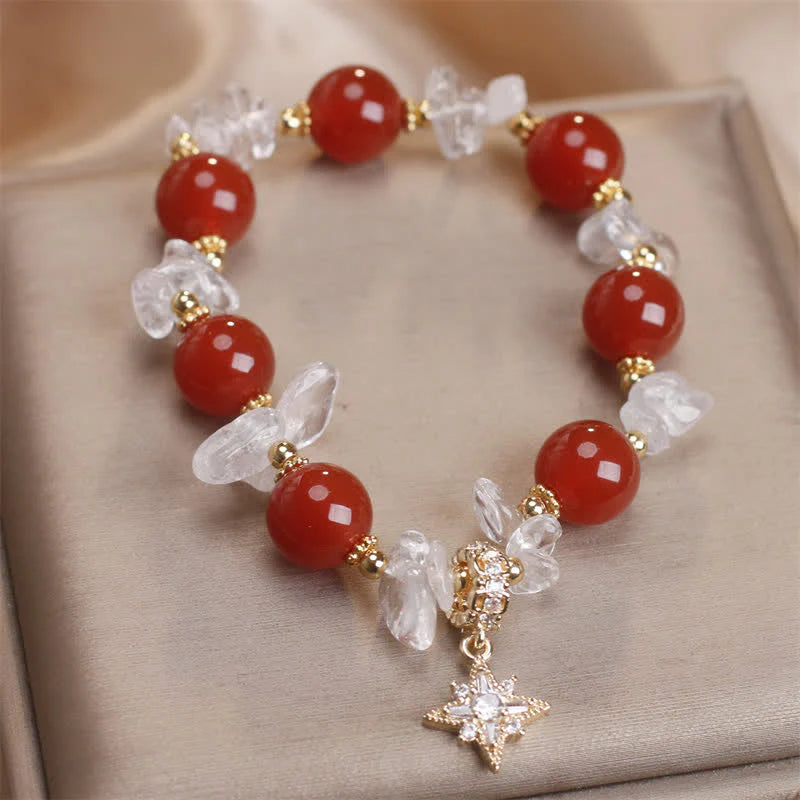 Buddha Stones Natural Red Agate Clear Quartz Hexagram Charm Confidence Bracelet