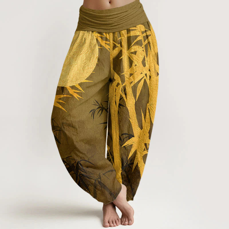 Buddha Stones Cotton Bamboo Leaves Full Moon Pattern Women's Elastic Waist Harem Pants