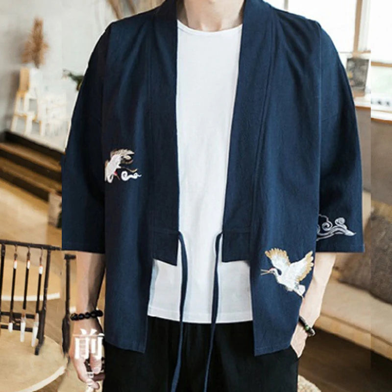 Buddha Stones Embroidery Open Front Jacket Cotton Linen Men's Three Quarter Sleeve Kimono