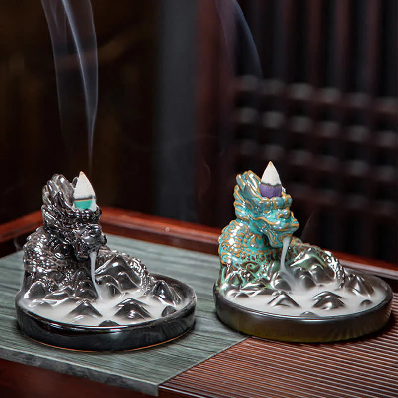 Dragon Pattern Ceramic Backflow Smoke Fountain Incense Burner Decoration (Extra 35% Off | USE CODE: FS35)