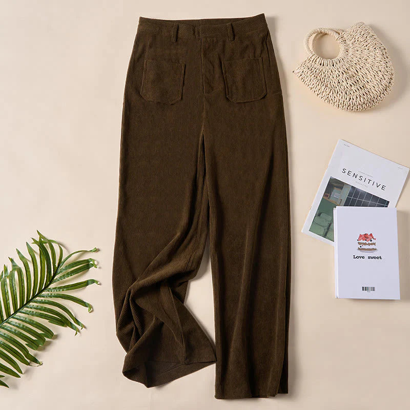 Buddha Stones Plain Corduroy Polyester Women's Buttons Wide Leg Pants With Pockets