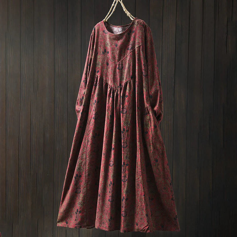 Buddha Stones Retro Floral Pattern A-line Design Long Sleeve Women's Cotton Maxi Dress