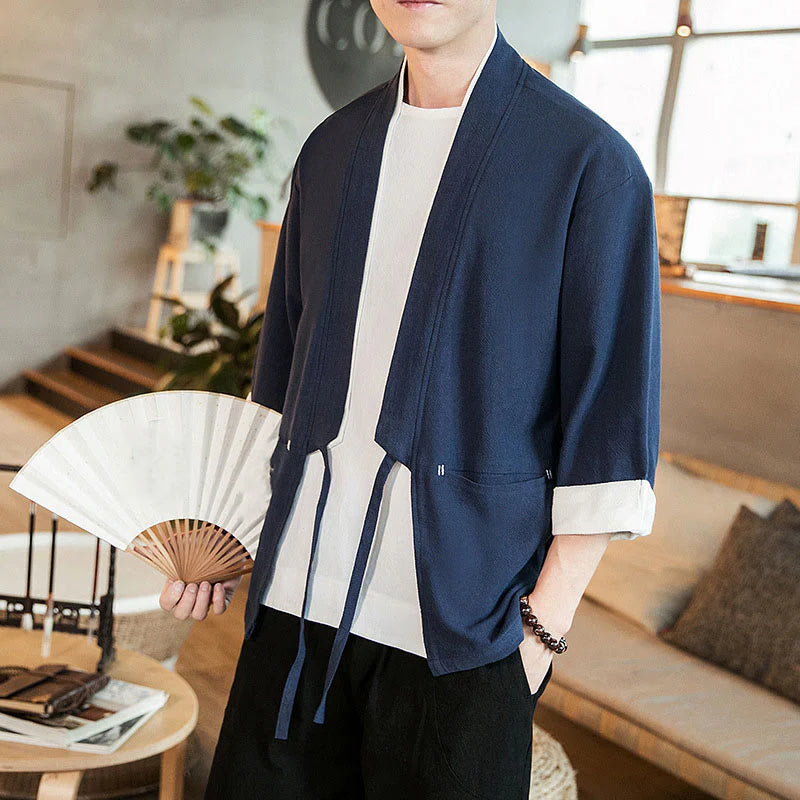 Buddha Stones Lace-Up Design Jacket Cotton Linen Men's Three Quarter Sleeve Kimono With Pockets