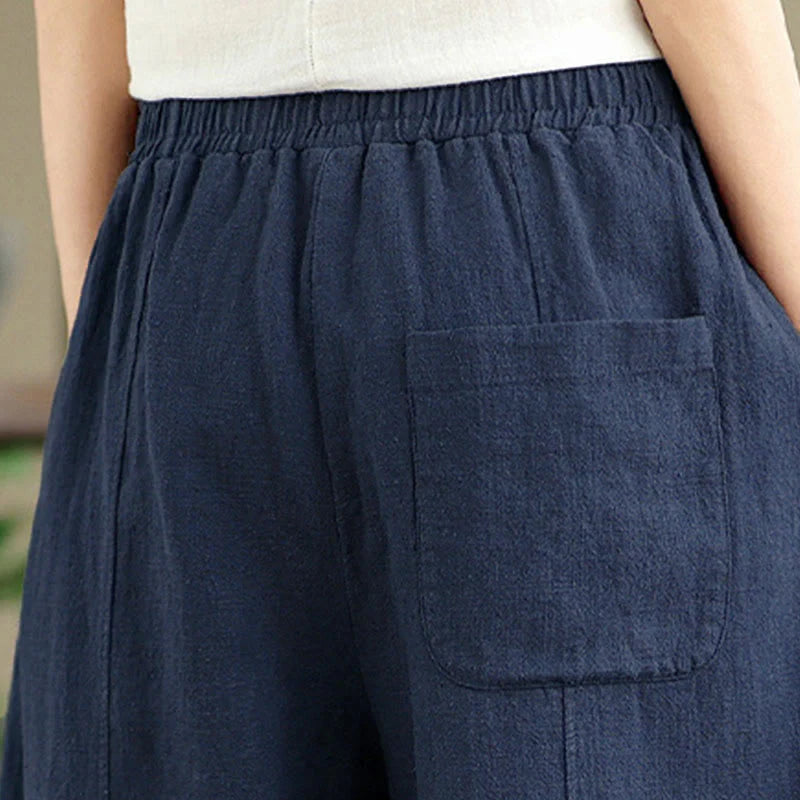 Buddha Stones Solid Color Cotton Linen Women's Straight Leg Pants With Pockets