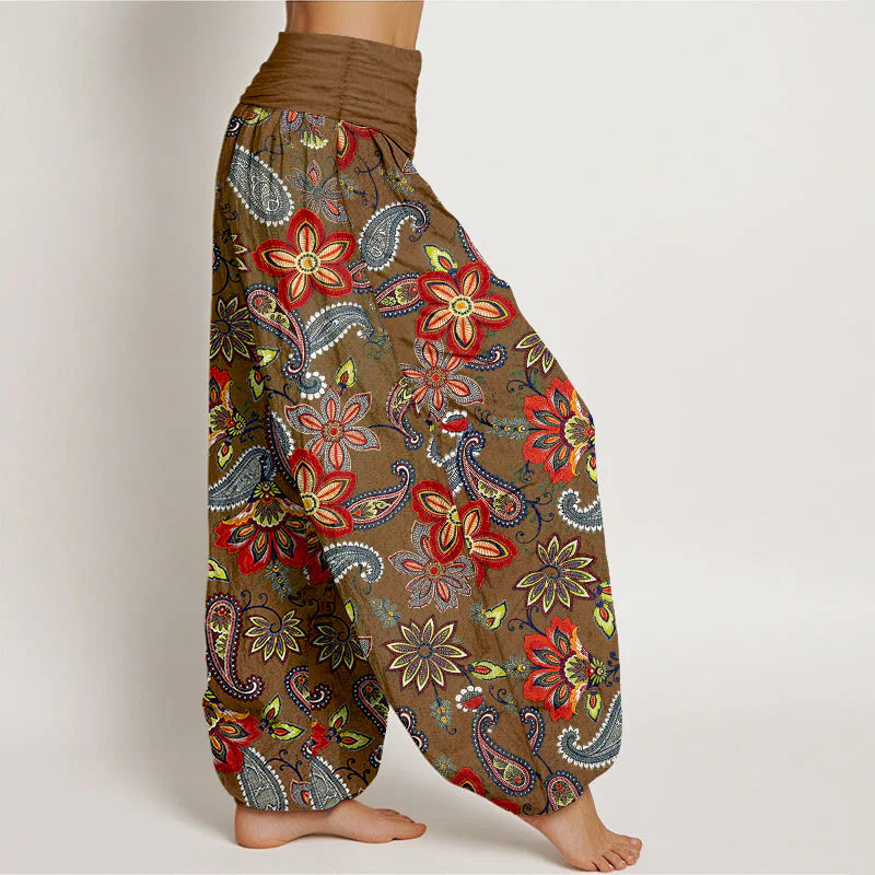Buddha Stones Women's Elastic Waist Paisley Floral Pattern Pure Cotton Harem Pants