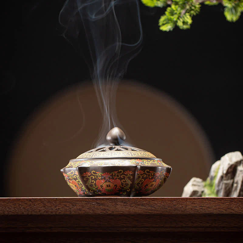 Buddha Stones Tibetan Floral Pattern Ceramic Blessing Incense Burner Decoration (Extra 35% Off | USE CODE: FS35)