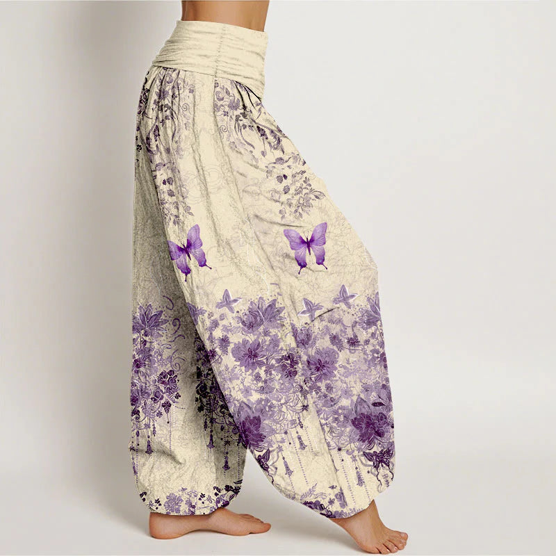 Buddha Stones Cotton Butterfly Floral Pattern Women's Elastic Waist Harem Pants