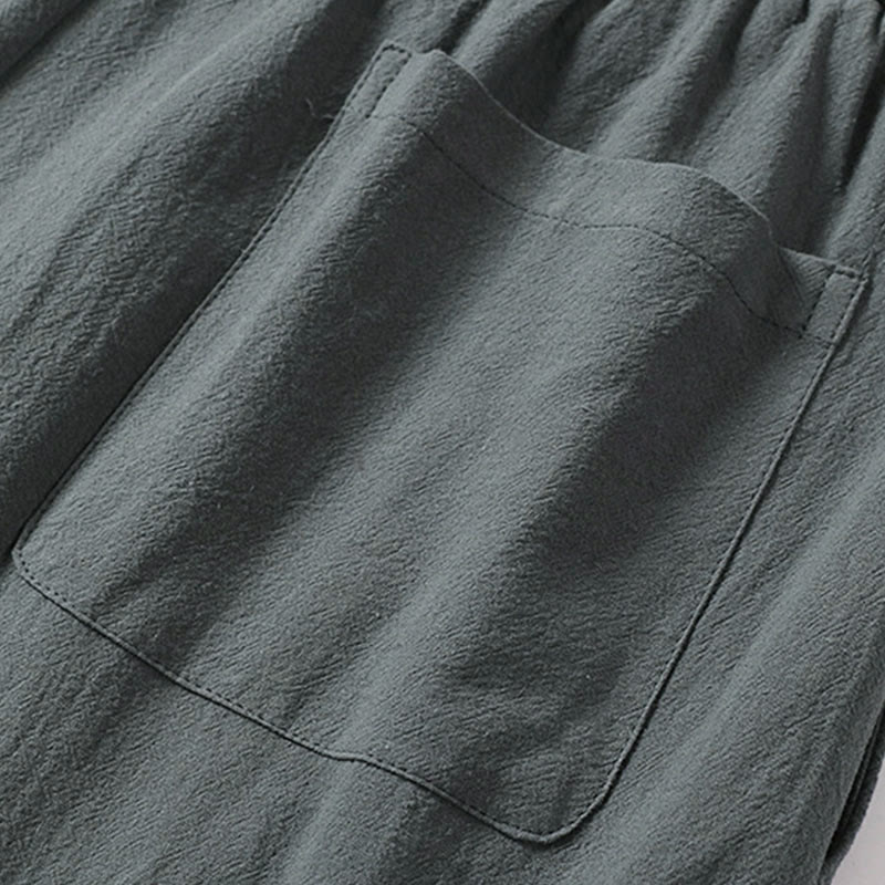 Buddha Stones Plain Straight Leg Zipper Design Men's Cotton Linen Pants With Pockets