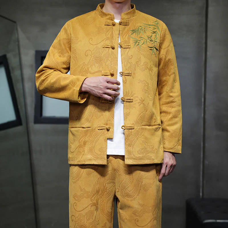 Buddha Stones 2Pcs Spring Dragon Bamboo Clouds Men's Tang Suit Frog-Button Cotton Long Sleeve Jacket Pants Set With Pockets