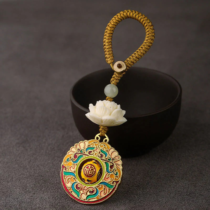 Buddha Stones Bodhi Seed Lotus Hetian Jade Bead Copper Rotatable Peace Key Chain