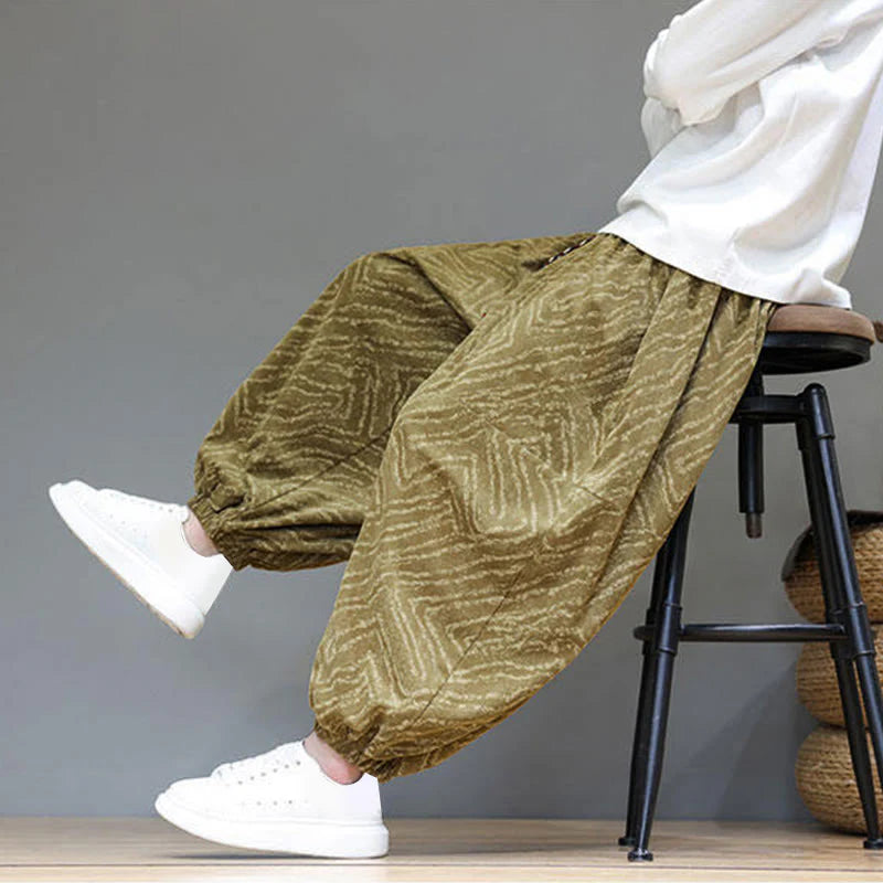 Buddha Stones Fall Texture Drawstring Design Corduroy Cotton Linen Men's Harem Pants With Pockets