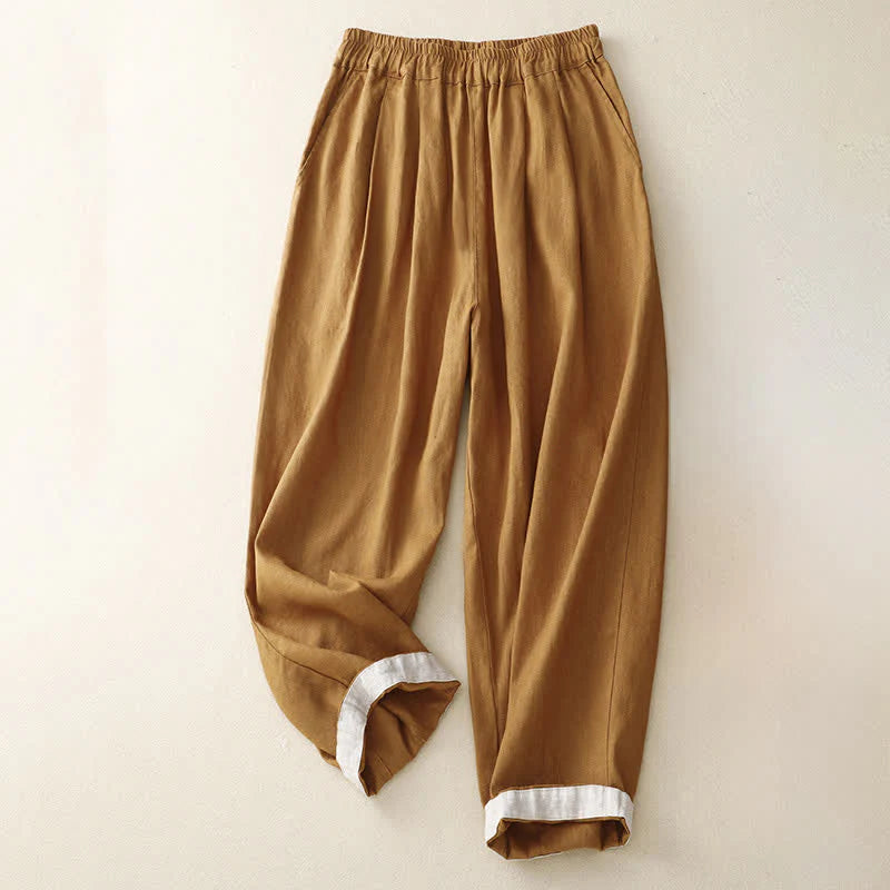 Buddha Stones Summer Plain Elastic Waist Two-tone Cuffs Cropped Women's Tapered Pants With Pockets