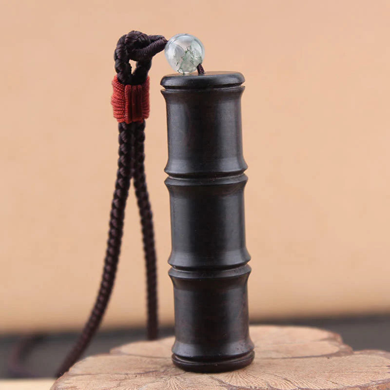 Buddha Stones Ebony Wood Bamboo Pattern Ghau Prayer Box Peace Necklace Pendant