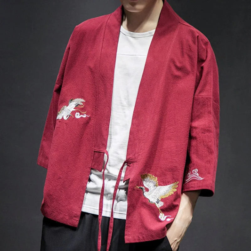 Buddha Stones Embroidery Open Front Jacket Cotton Linen Men's Three Quarter Sleeve Kimono