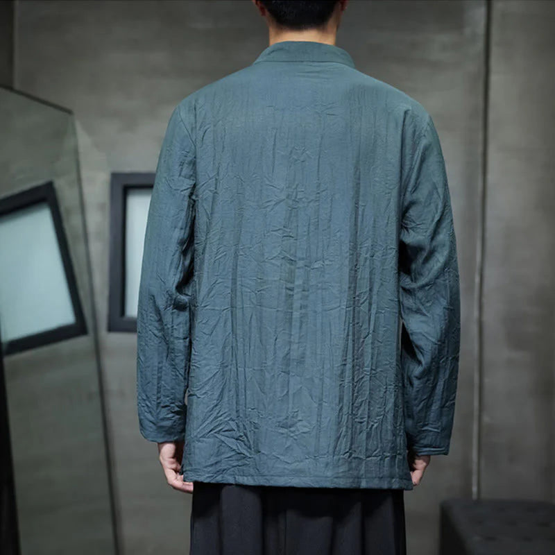 Buddha Stones Fall Solid Color Bamboo Leaf Embroidery Men's Long Sleeve Cotton Linen Shirt
