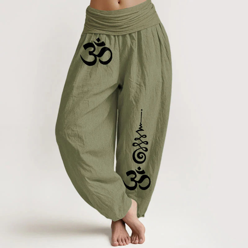 Buddha Stones Cotton Calm OM Energy Lines Pattern Women's Elastic Waist Harem Pants