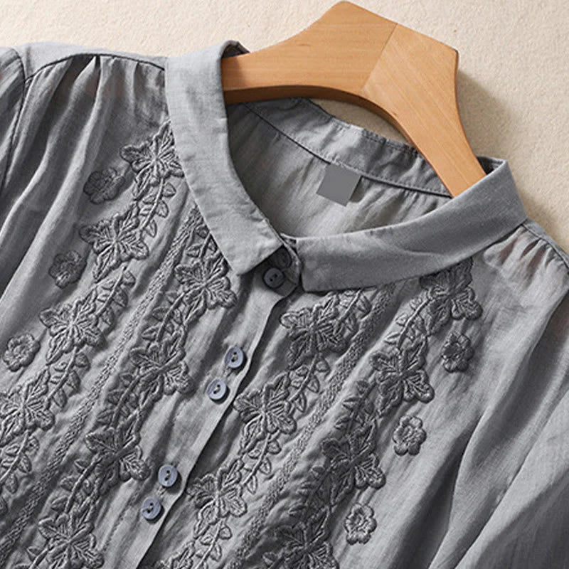 Buddha Stones Summer Plain Button Embroidery Flower Pattern Three Quarter Sleeve Lapel Cotton Linen Women's Shirt