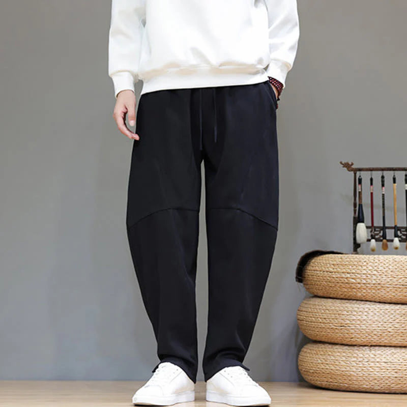 Buddha Stones Winter Solid Color Fleece-lined Men's Cotton Linen Pants With Pockets