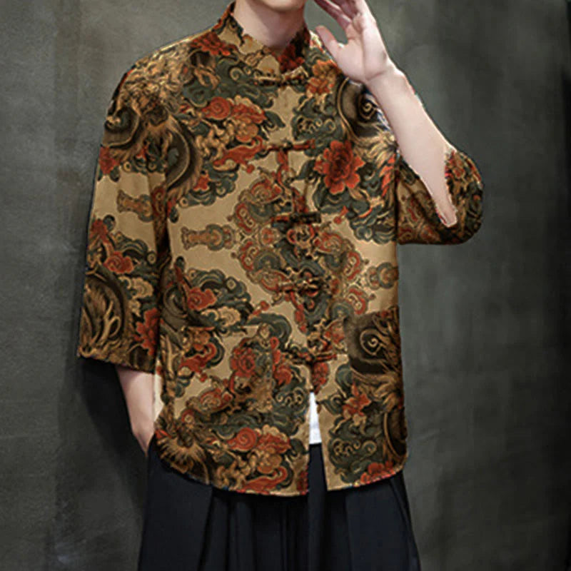 Buddha Stones Spring Frog-Button Dragon Mountain Flower Three Quarter Sleeve Tang Suit Men's Shirt With Pockets