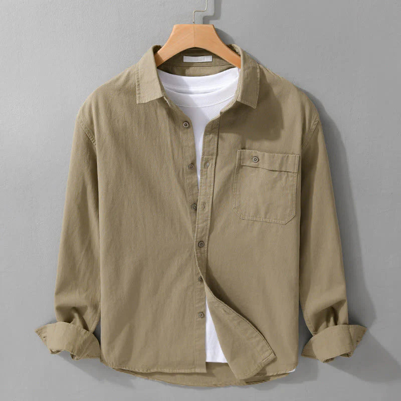 Buddha Stones Casual Solid Buttons Down Decorative Pocket Men's Stand Collar Long Sleeve Cotton Shirt