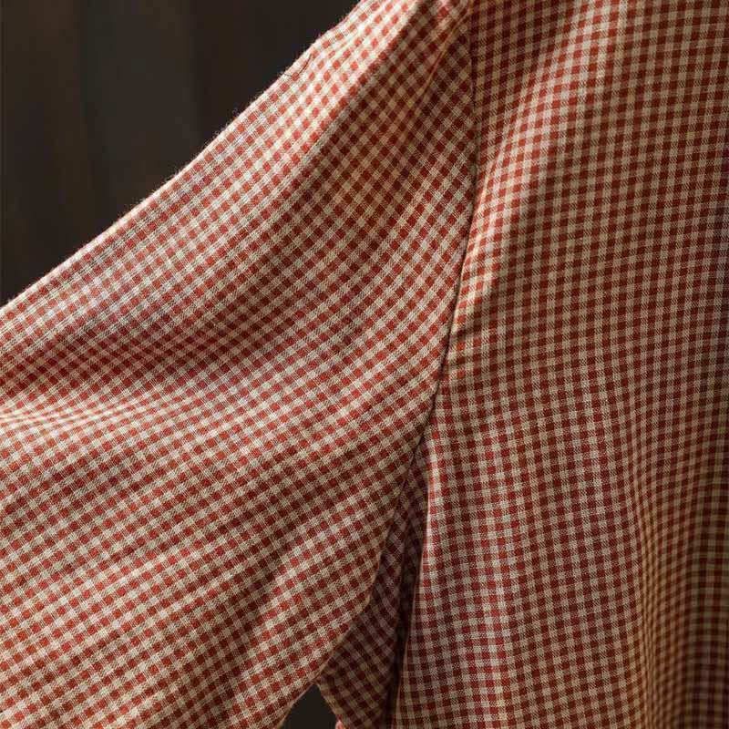 Buddha Stones Fall Tiny Plaid Button Down Ruffle Collar Long Sleeve Women's Cotton Shirt