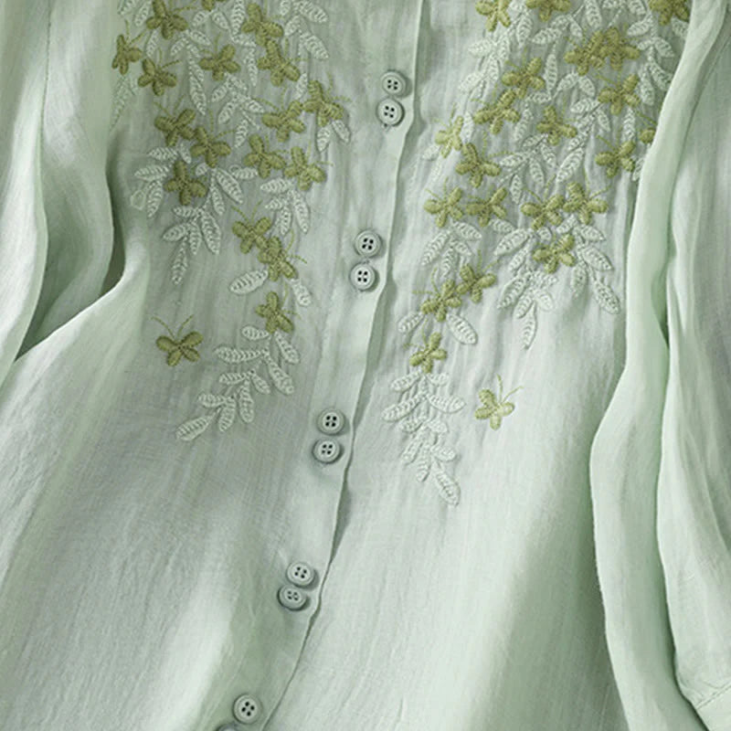Buddha Stones Casual Plant Embroidery Stand Collar Women's Cotton Blend Three Quarter Sleeve Shirt