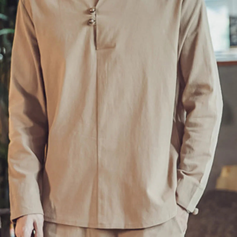 Buddha Stones 2Pcs Shirt Ankle-Length Pants With Pockets Men's Meditation Cloth Set