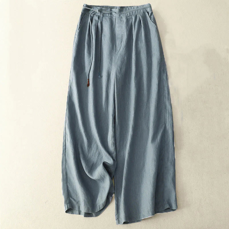 Buddha Stones Spring Casual Solid Color Drawstring Design  Women's Cotton Linen 7-8 Length Wide Leg Pants With Pockets