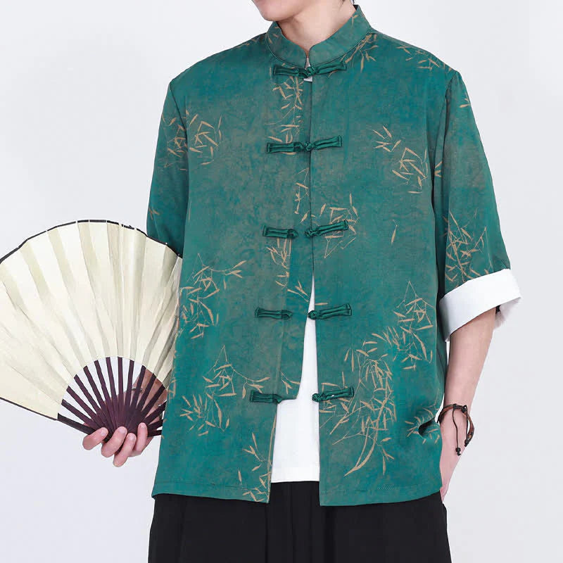 Buddha Stones Summer Bamboo Print Mandarin Collar Frog Buttons Men's Elbow-Length Sleeve Shirt