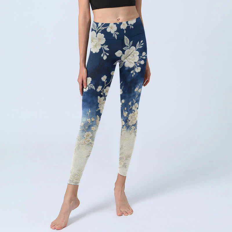 Buddha Stones Elegant Refined Flower Pattern Print Gym Leggings Women's Yoga Pants